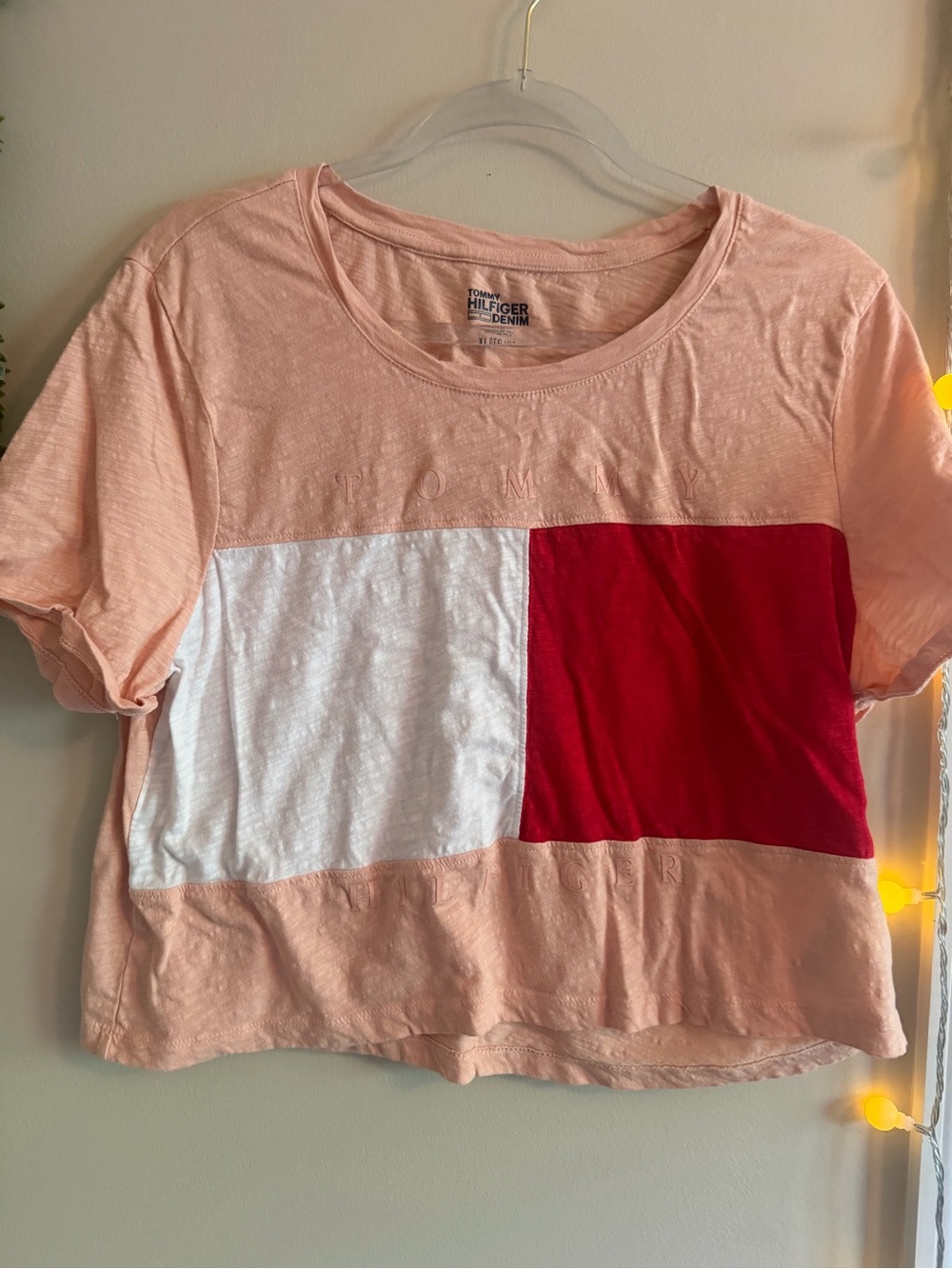 Tommy Hilfiger Peach Colorblock Crop Tee with White & Red Panels